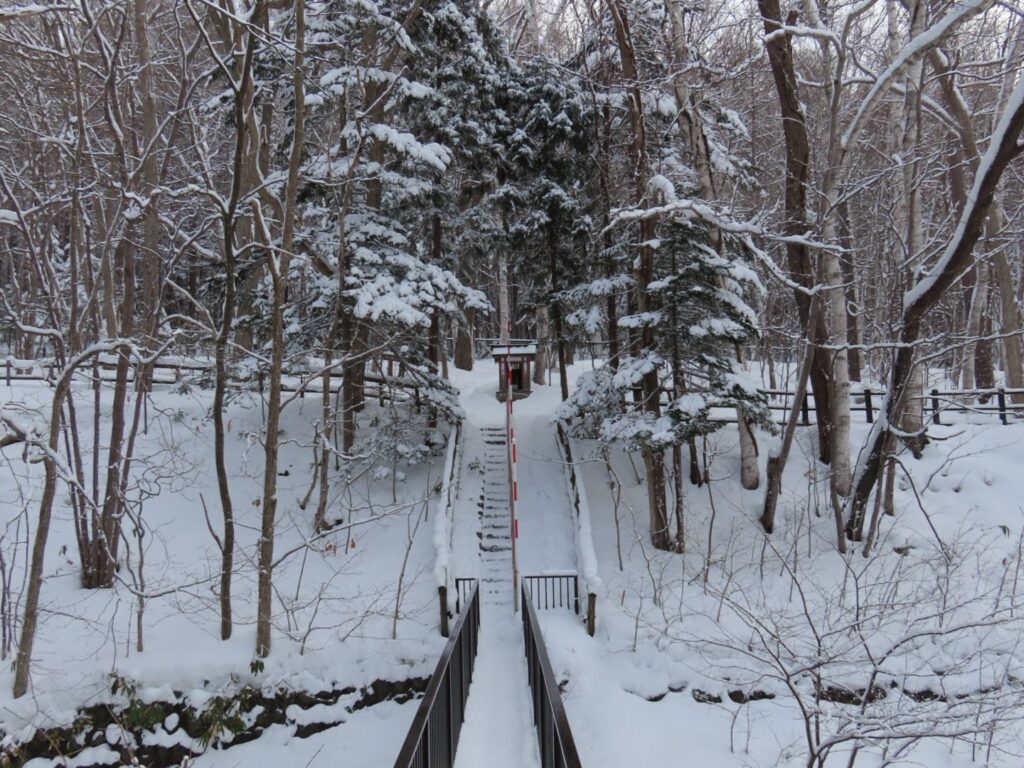 西岡公園の不動明王を橋越しに見る