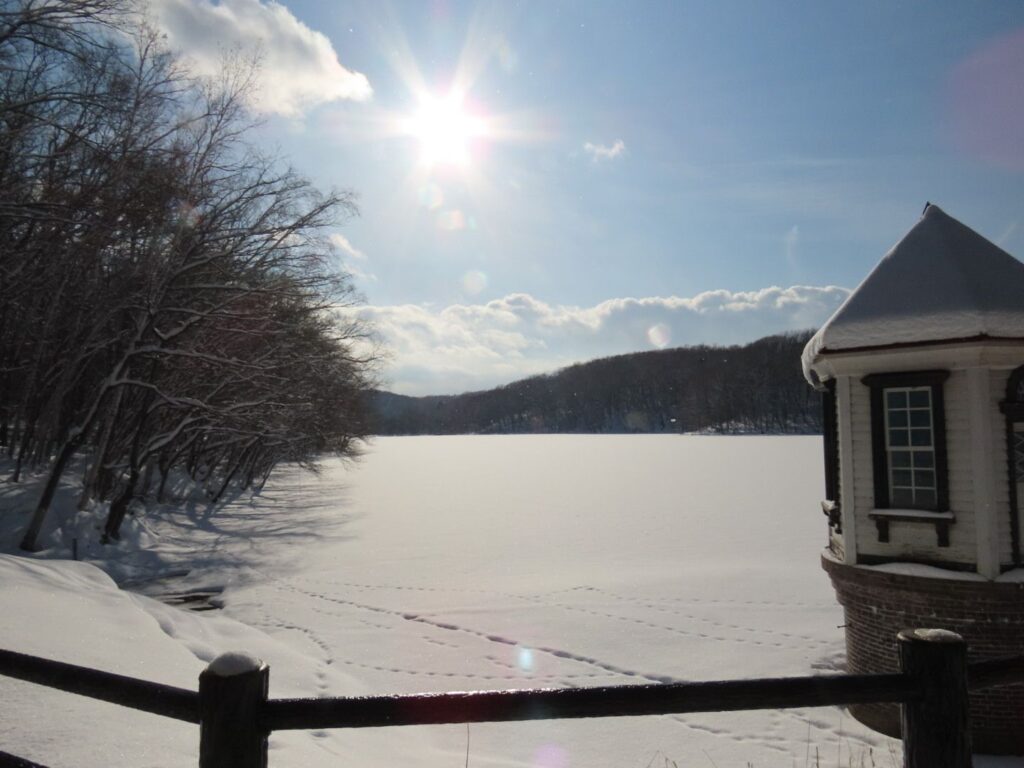 西岡公園の西に傾いた太陽を浴びる貯水池と取水塔
