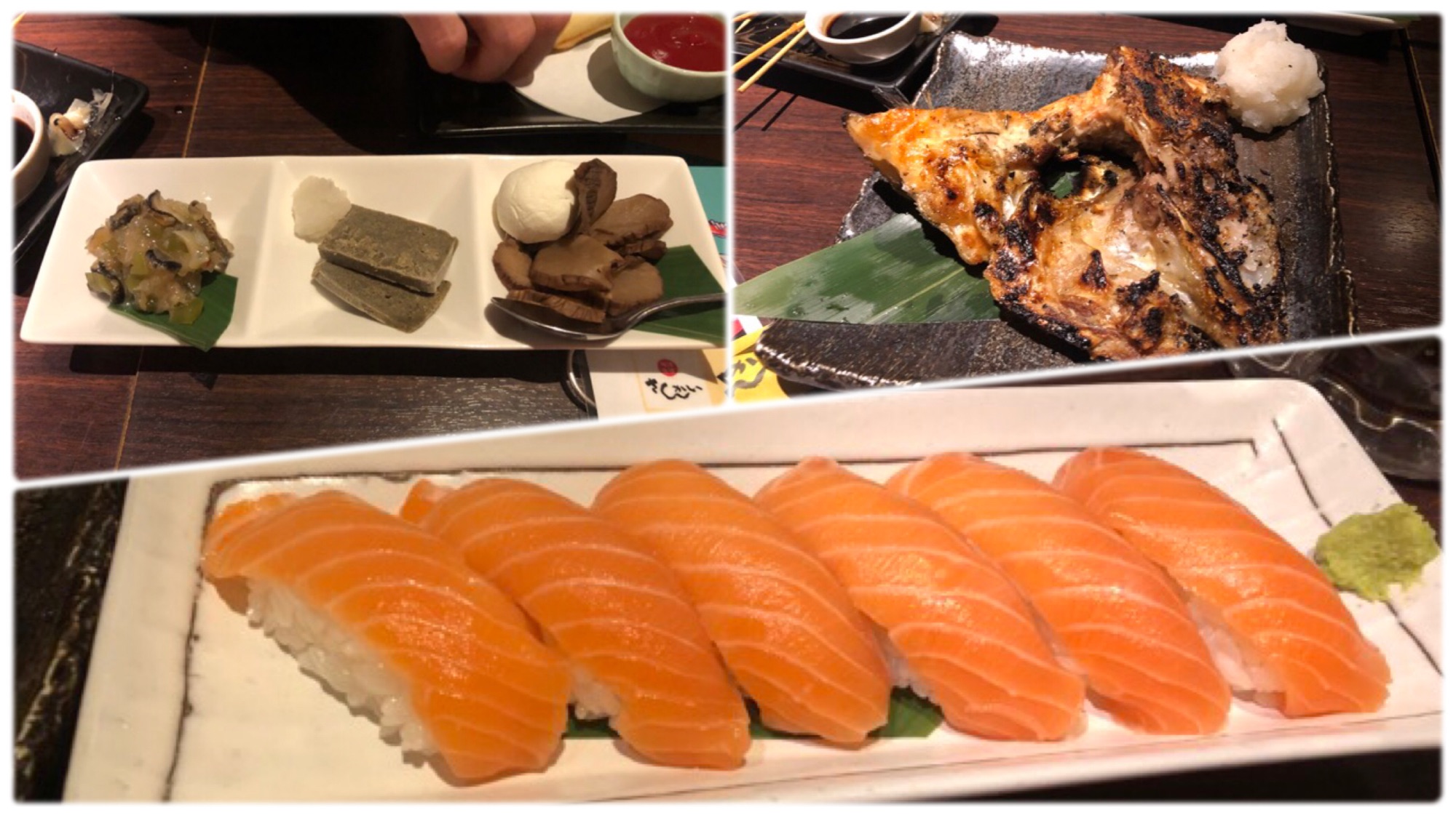 さんかい澄川店の料理の選べる珍味３点もりのつぶ貝わさび漬けとかにみそるいべとイルビガッコとクリームチーズと生サーモン寿司と鮭のカマ焼き