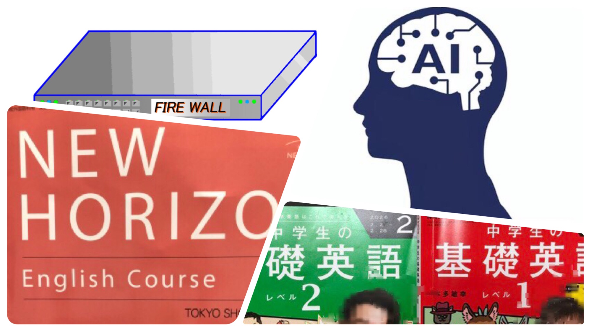 写真とイラスト4枚の組わせ、左上はUTMのイラスト、左下は中学生の英語の教科書、右上はAIのイメージイラスト、右下はNHKの中学生の基礎英語のテキスト