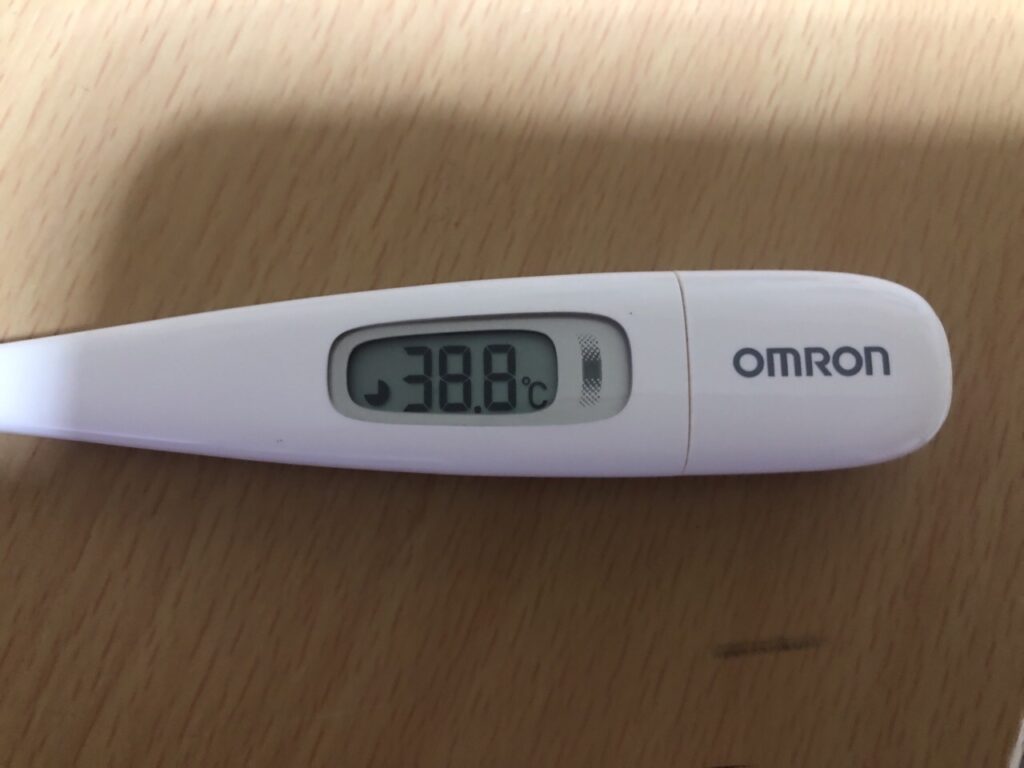 デジタル体温計が38.8度を示す
