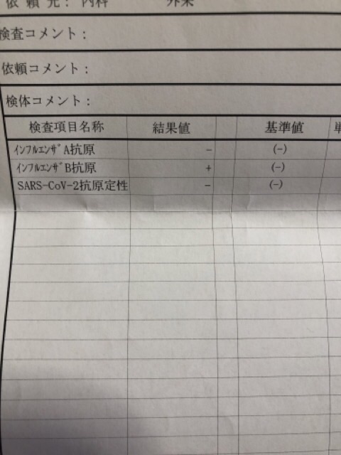 抗原検査の結果表