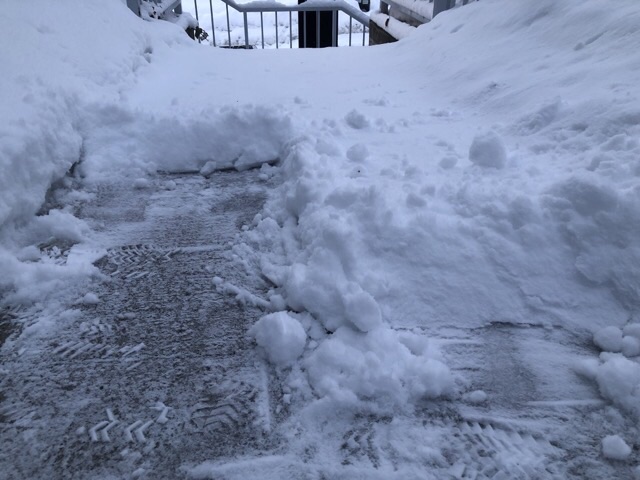 玄関に20cm位白く雪が積も雪かきの途中