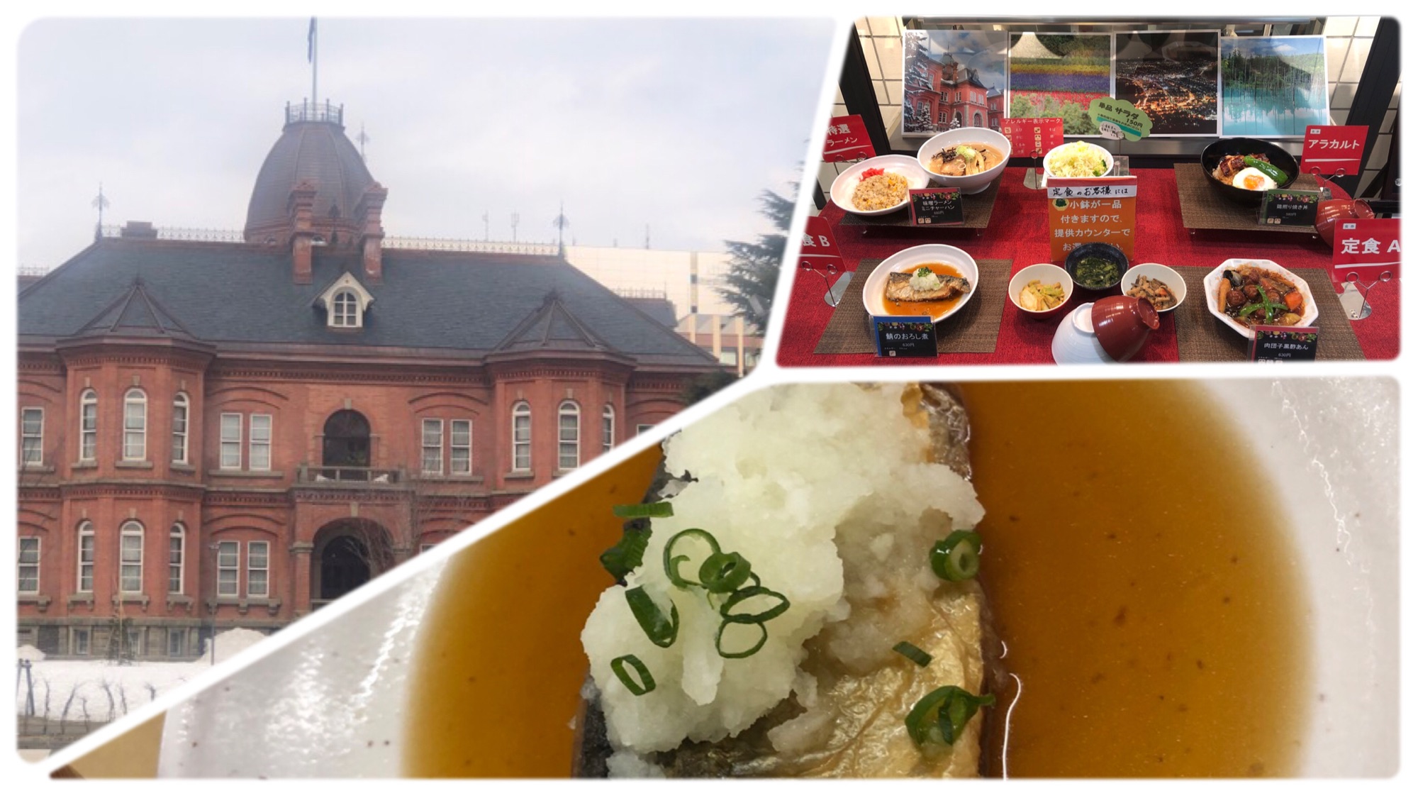 北海道道庁赤レンガ庁舎と道庁地下食堂の食品サンプルと鯖のおろし煮の三枚の写真