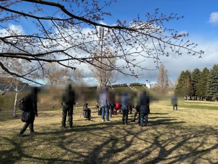 真駒内公園のキタキツネ親子の観察の人たち