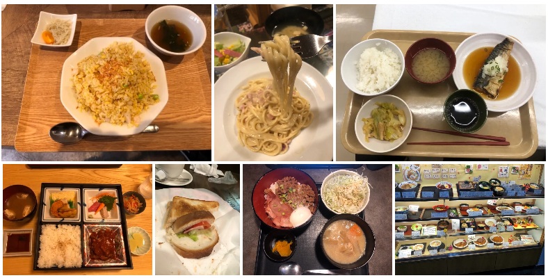 炒飯、クリープパスタ、さばのさっぱり煮定食、松花堂弁当、サンドイッチ、肉味噌バーコン丼 野菜豚汁、札幌市役所食堂の食品サンプルケース
