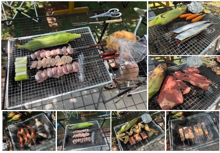 BBQの写真7枚、とうきびと、砂肝、さんま、牛肉、エビ、ホッケ、豚串、鳥串