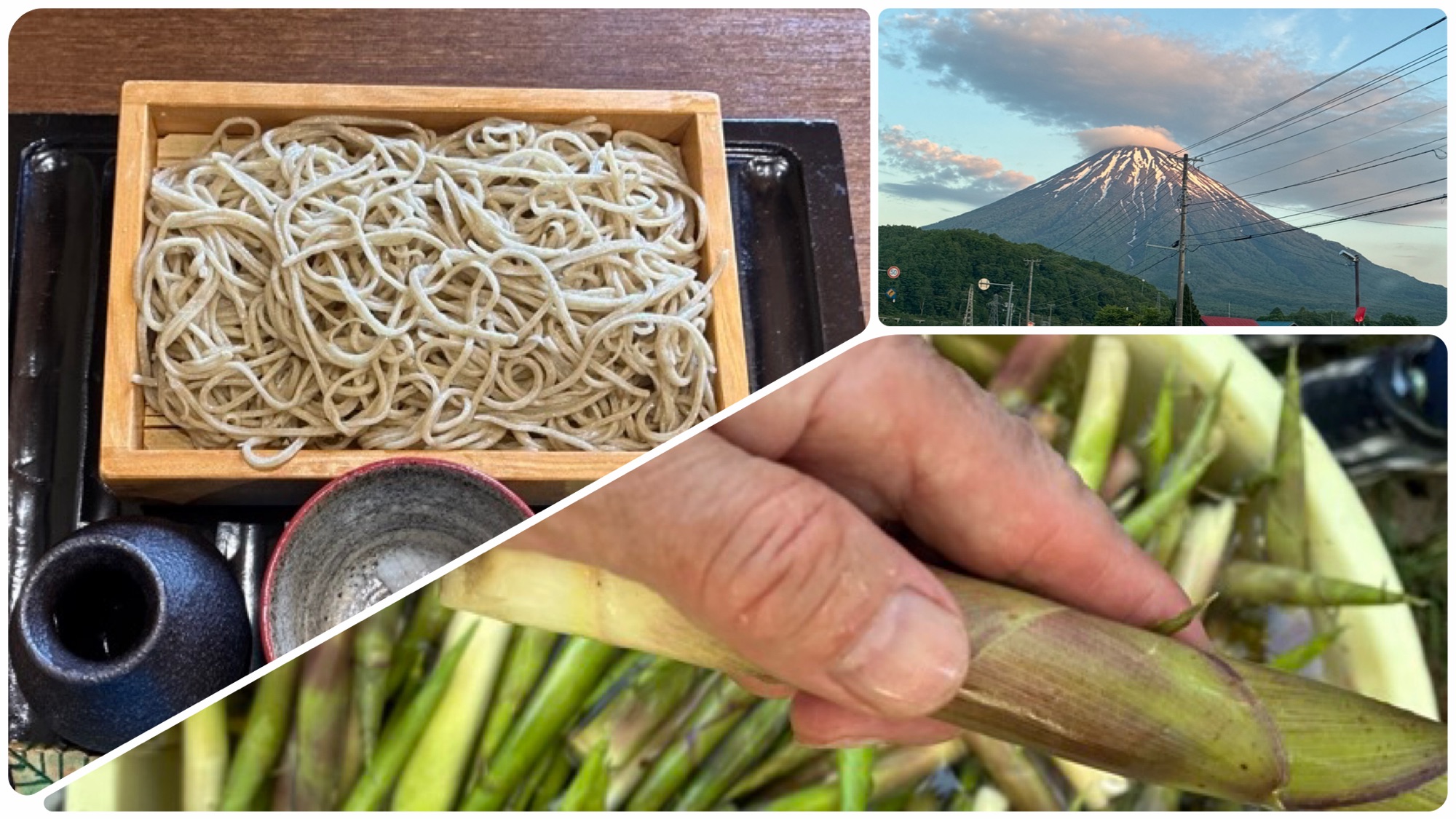 そば屋この花のせいろ蕎麦と羊蹄山と竹の子と親指を比べた3枚のコラージュ写真