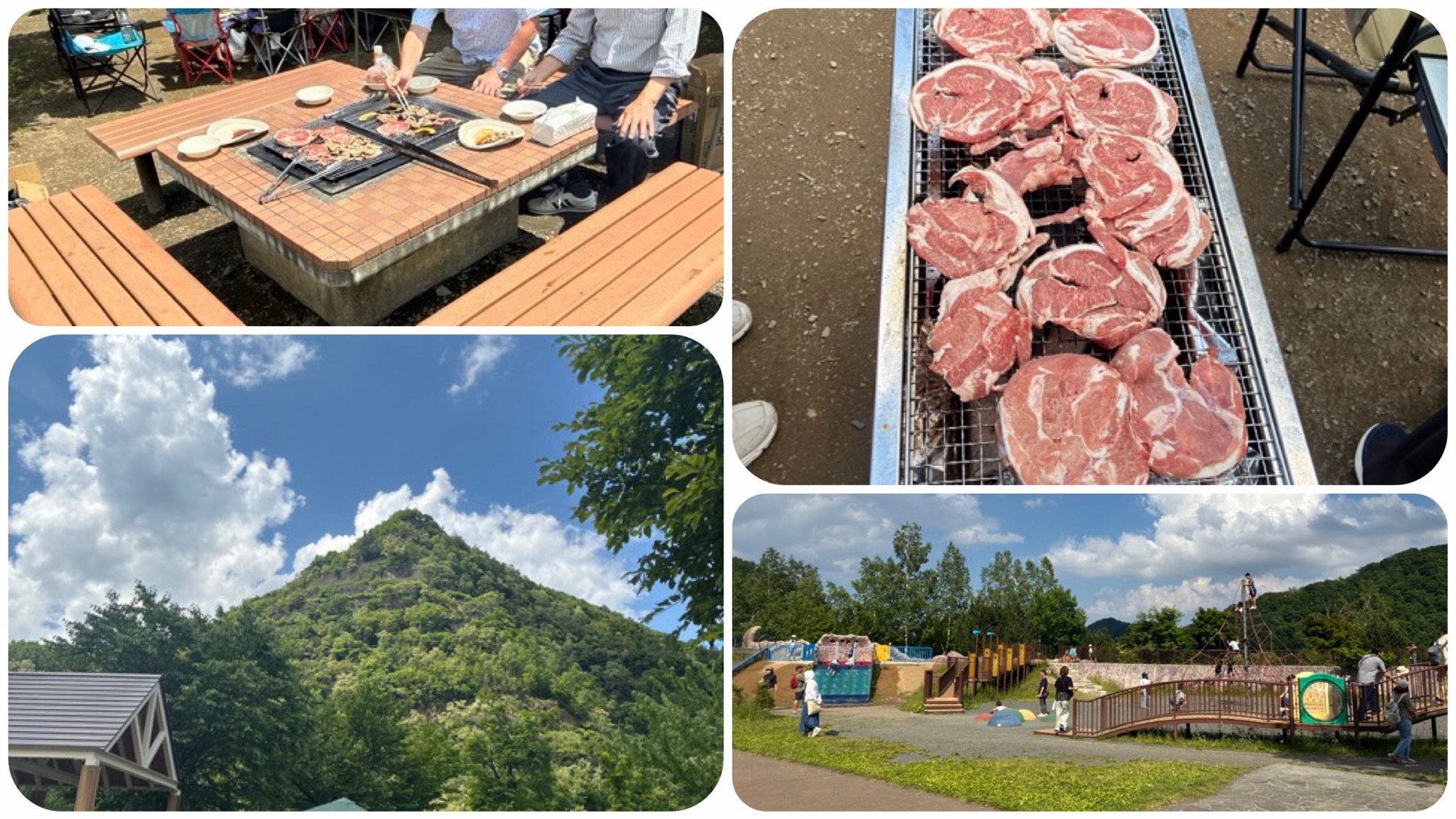 五天山公園の山でBBQの焼台と一面並べて焼くラム肉と遊具で遊ぶ子供達