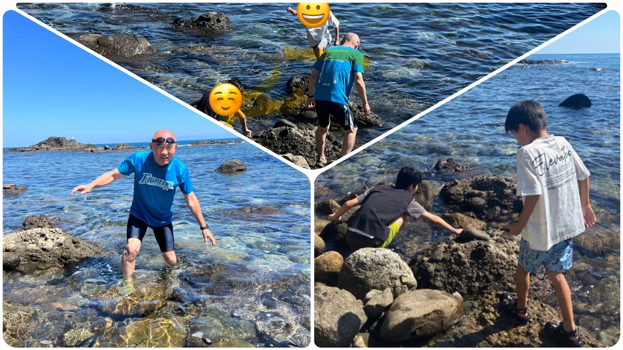 日本海で孫との海遊びの写真3枚のコラージュ写真