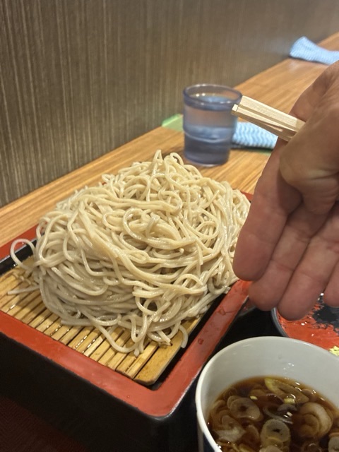 そば処 はまなすのもりそば＋麺増量の盛り具合を手のひらと比較