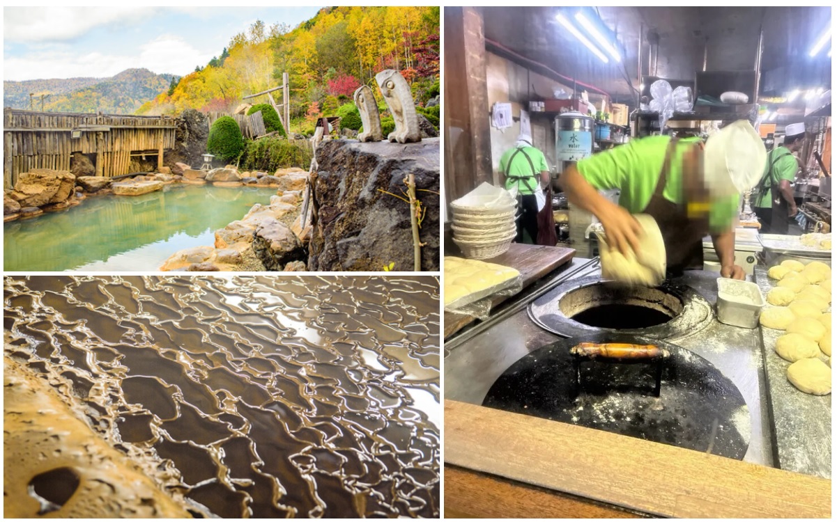 定山渓温泉の露天風呂とナンを焼く姿と温泉の結晶