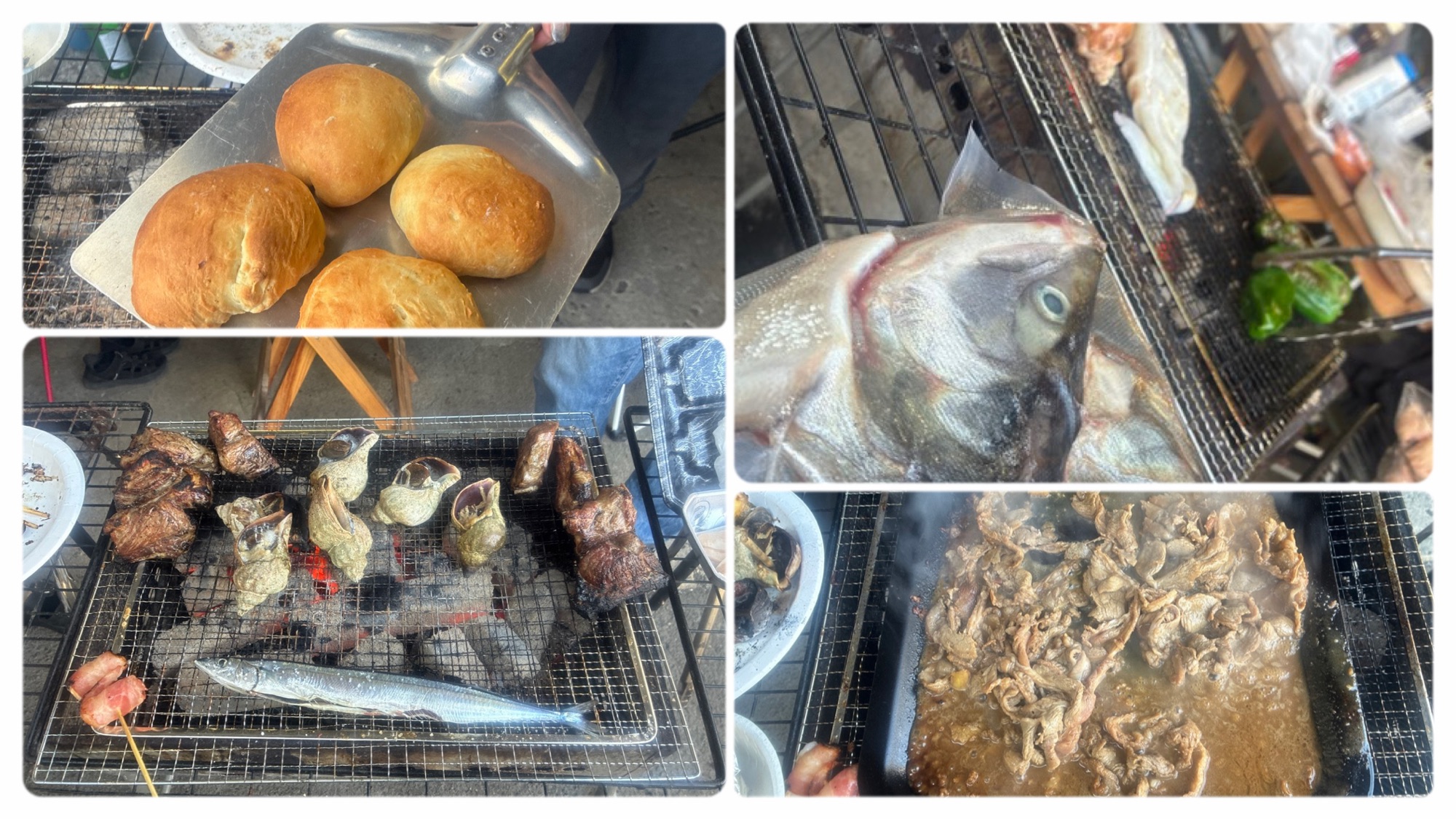 焼き上がったパンとBBQと鮭の頭とジンギスカンのコラージュ写真